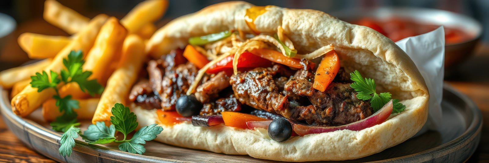 Savory grilled meat sandwich served with crispy fries and vibrant vegetables in a cozy dining setting